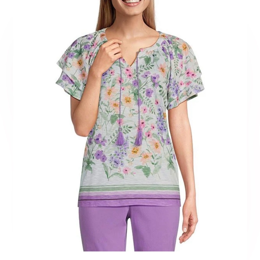 Allison Daley Wildflower Border Print Flutter Sleeve Tassel Tie Neck Knit Top L